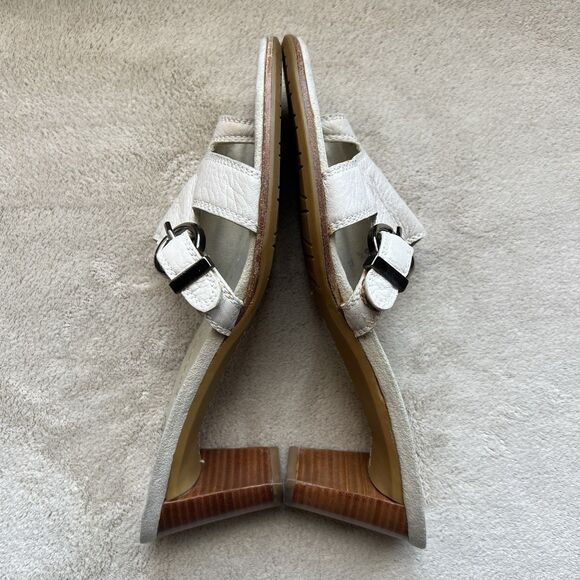 Stuart Weitzman Neutral Bone Leather Mule Heeled Sandals Women 6.5 AA Toe Ring - Picture 4 of 16